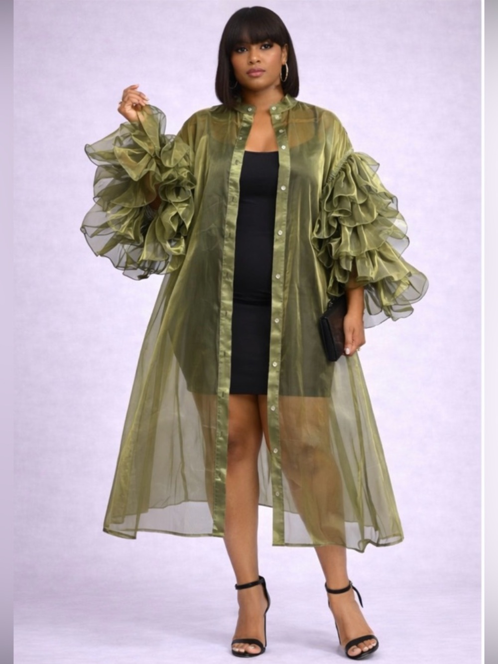 Olive Sheer Ruffle Sleeve Blouse Button Down Dress